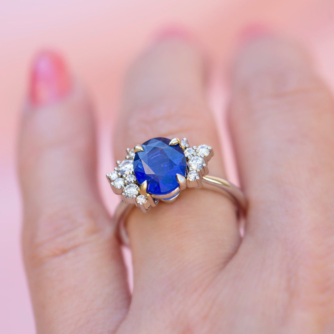 Oval Blue Sapphire Cluster Engagement Ring Set 14K Gold