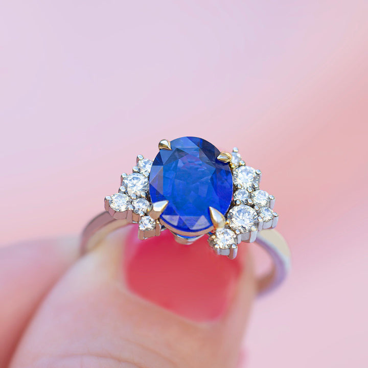 Oval Blue Sapphire Cluster Engagement Ring Set 14K Gold