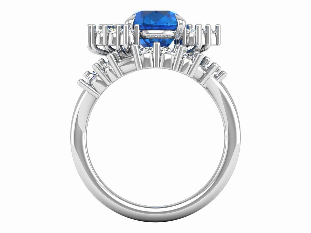 Oval Blue Sapphire Cluster Engagement Ring Set 14K Gold