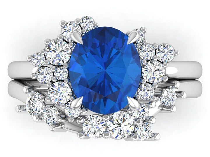 Oval Blue Sapphire Cluster Engagement Ring Set 14K Gold