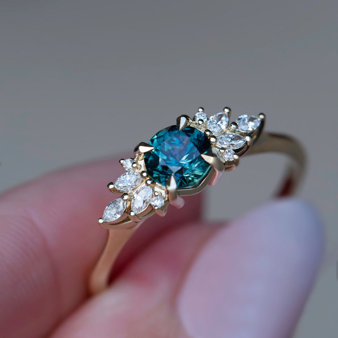 Round Teal Sapphire and Marquise Diamond Engagement Ring Nature Inspired Floral Design 14K Yellow Gold