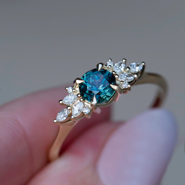 Round Teal Sapphire and Marquise Diamond Engagement Ring Nature Inspired Floral Design 14K Yellow Gold