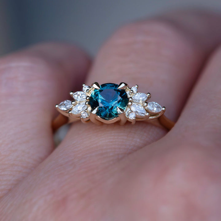 Round Teal Sapphire and Marquise Diamond Engagement Ring Nature Inspired Floral Design 14K Yellow Gold