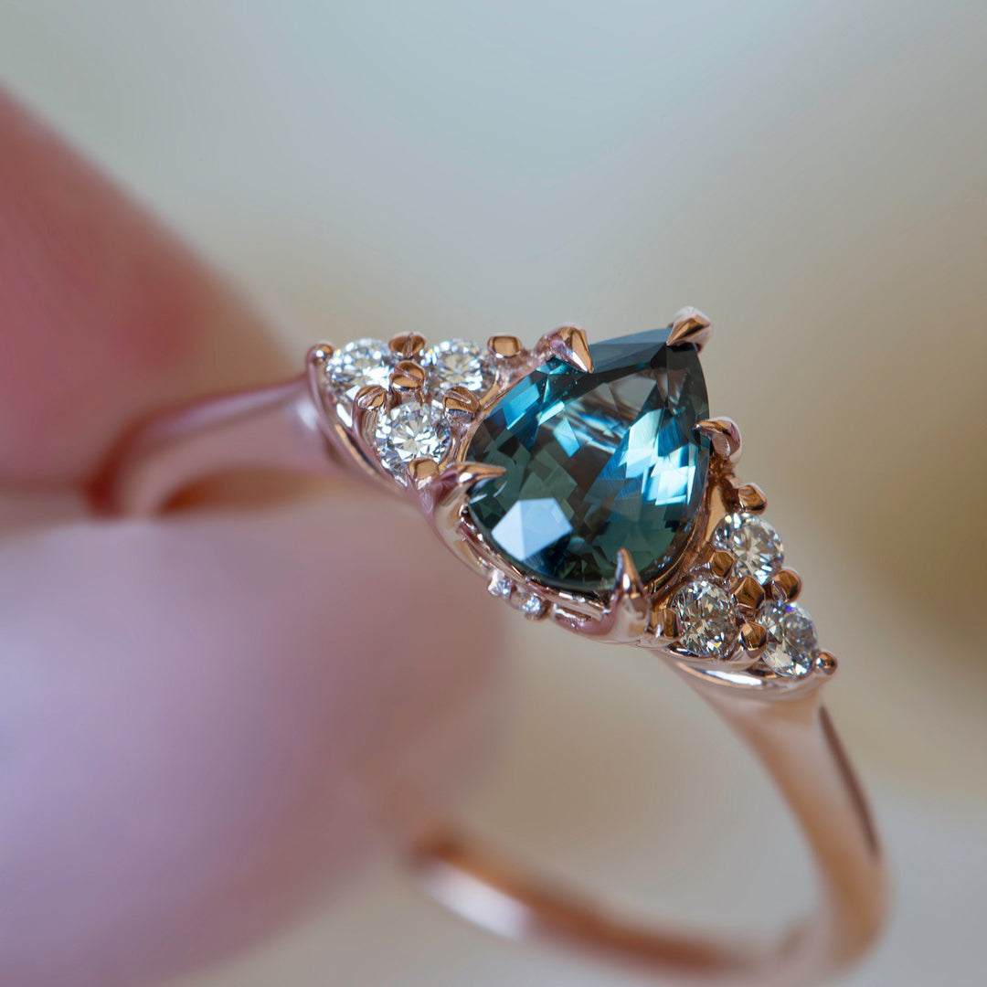 Teal Sapphire Engagement Ring Pear Shape 14K Rose Gold