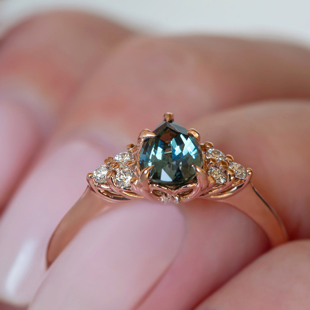 Teal Sapphire Engagement Ring Pear Shape 14K Rose Gold