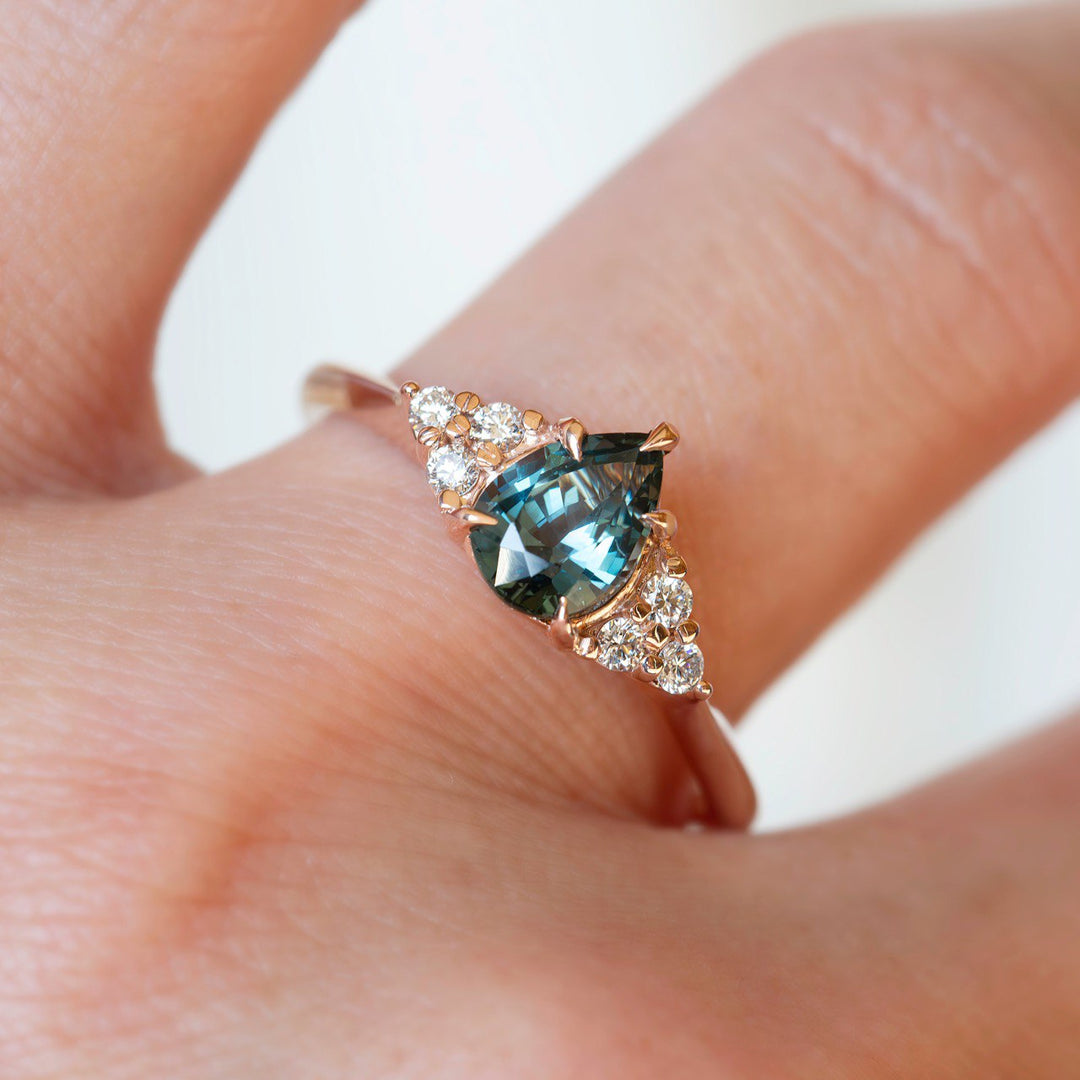 Teal Sapphire Engagement Ring Pear Shape 14K Rose Gold