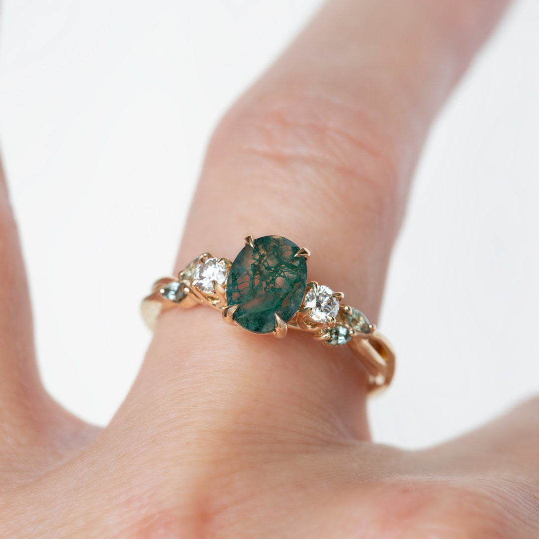 Nature Inspired Moss Agate Engagement Ring w/ Diamonds and Marquise Green Sapphires 14K Gold