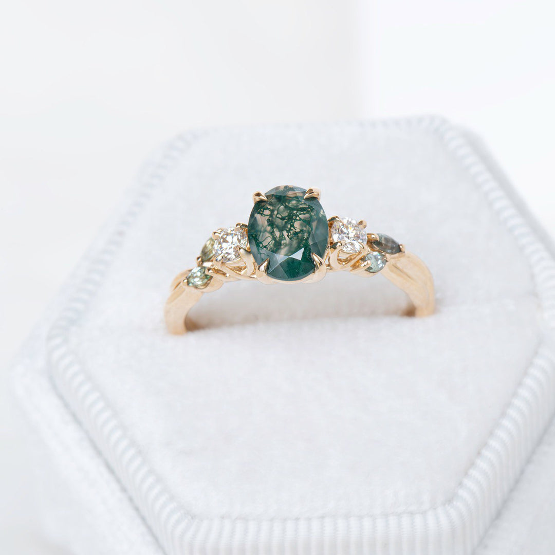 Nature Inspired Moss Agate Engagement Ring w/ Diamonds and Marquise Green Sapphires 14K Gold