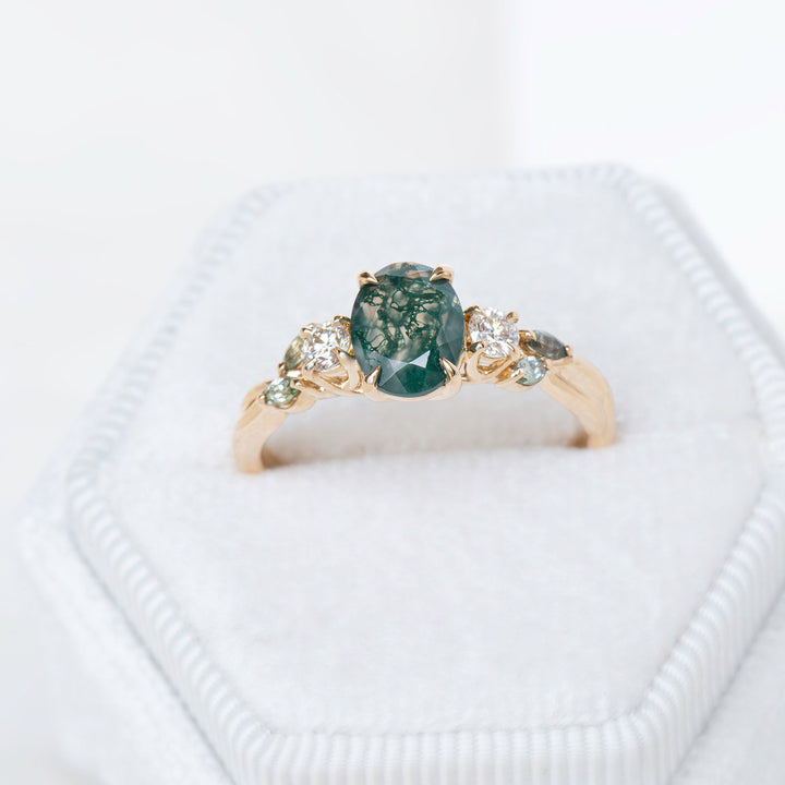 Nature Inspired Moss Agate Engagement Ring w/ Diamonds and Marquise Green Sapphires 14K Gold