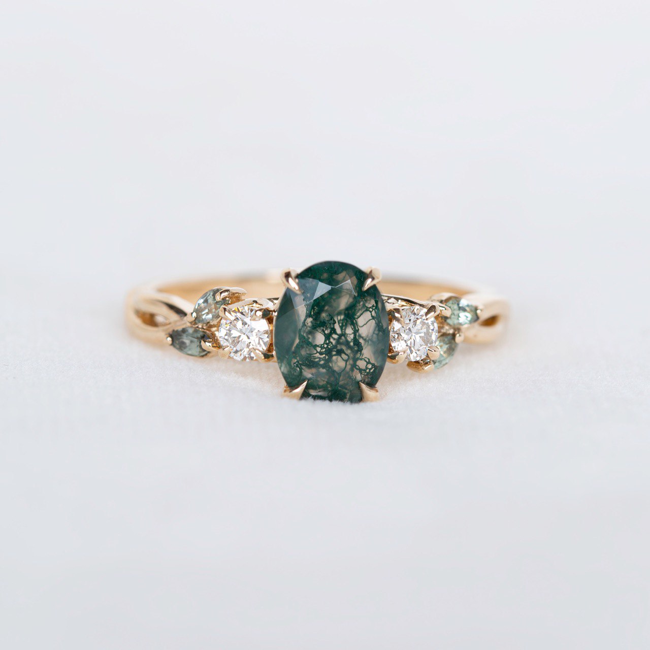 Nature Inspired Moss Agate Engagement Ring w/ Diamonds and