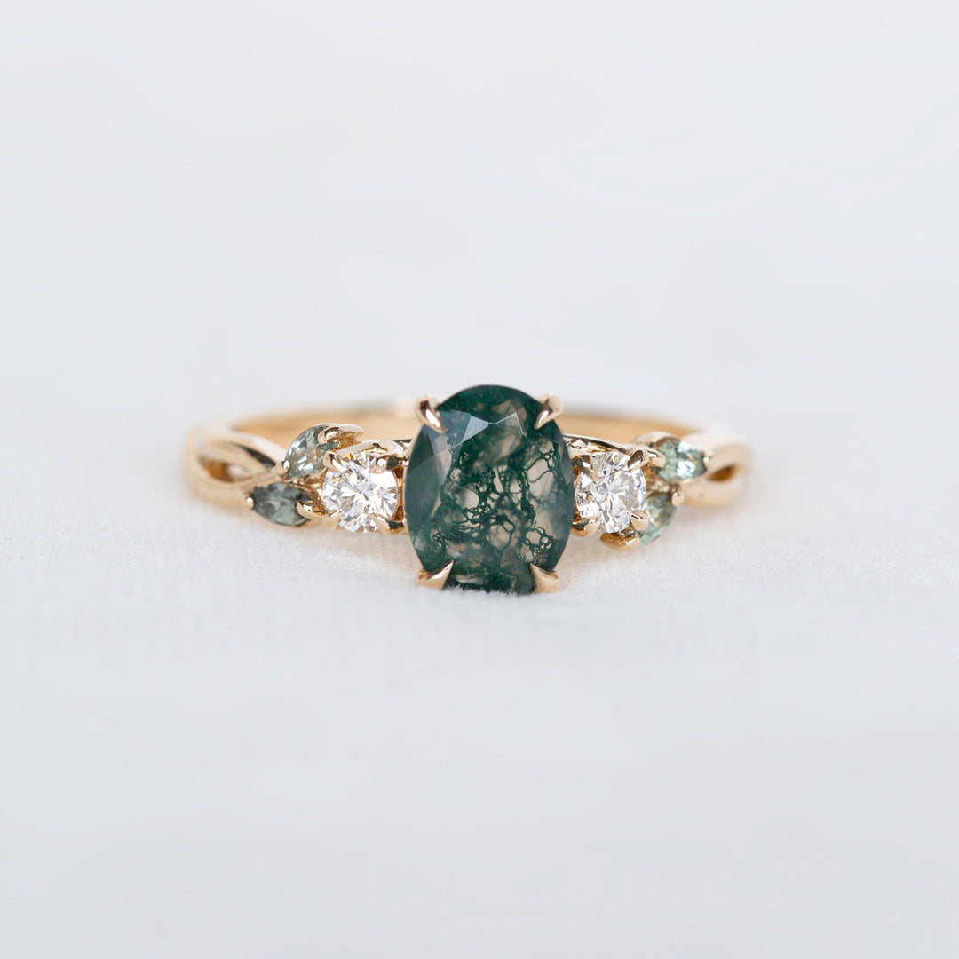 Nature Inspired Moss Agate Engagement Ring w/ Diamonds and Marquise Green Sapphires 14K Gold