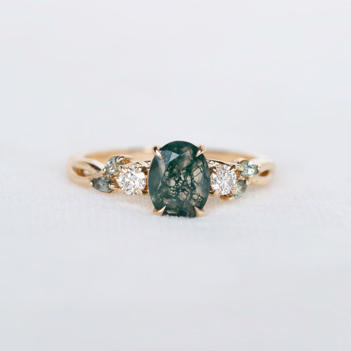 Nature Inspired Moss Agate Engagement Ring w/ Diamonds and Marquise Green Sapphires 14K Gold