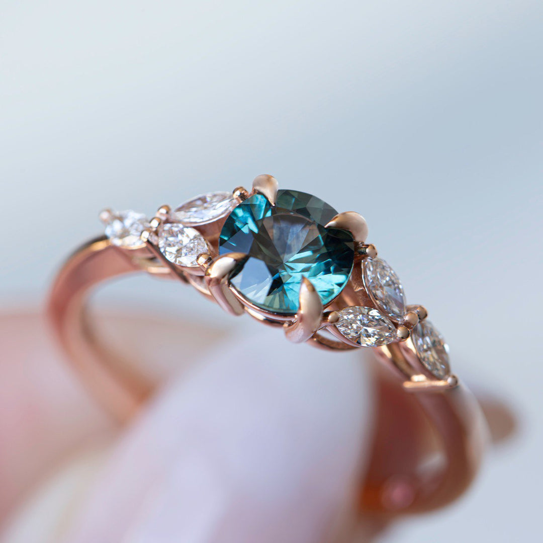 Teal Montana Sapphire Ring with Marquise Diamonds 14K White Gold, Cluster Engagement Ring