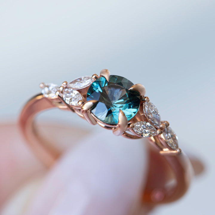 Teal Montana Sapphire Ring with Marquise Diamonds 14K White Gold, Cluster Engagement Ring