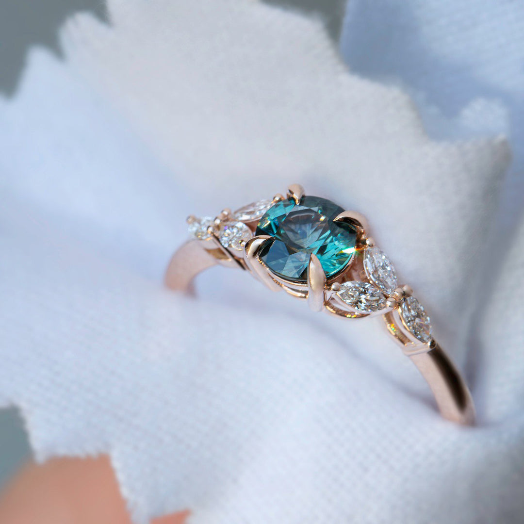 Teal Montana Sapphire Ring with Marquise Diamonds 14K White Gold, Cluster Engagement Ring