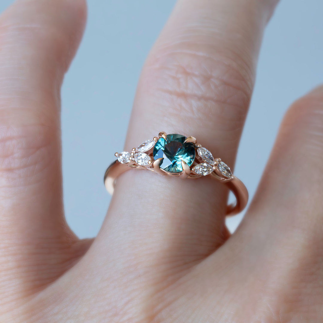 Teal Montana Sapphire Ring with Marquise Diamonds 14K White Gold, Cluster Engagement Ring