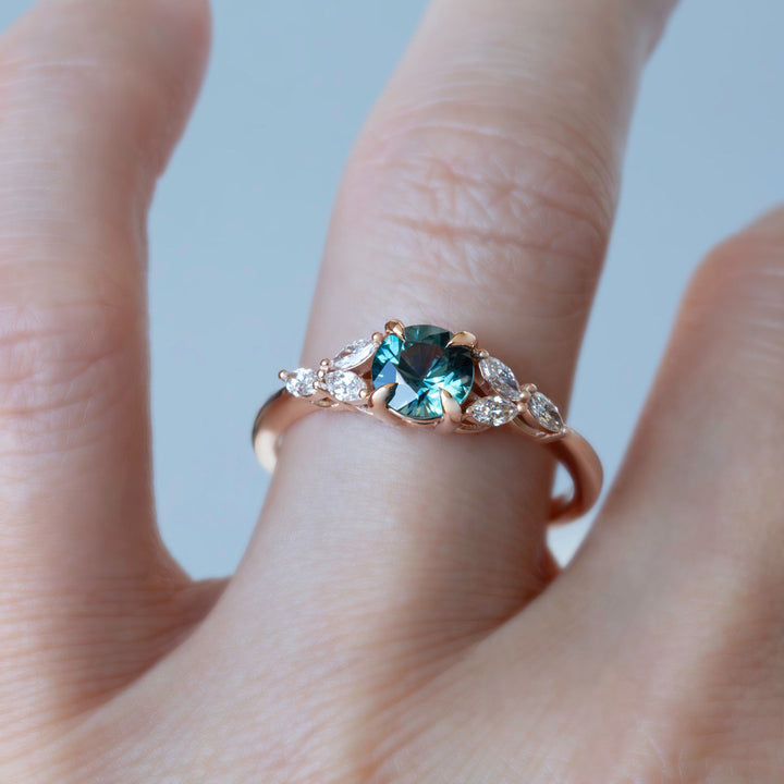 Teal Montana Sapphire Ring with Marquise Diamonds 14K White Gold, Cluster Engagement Ring