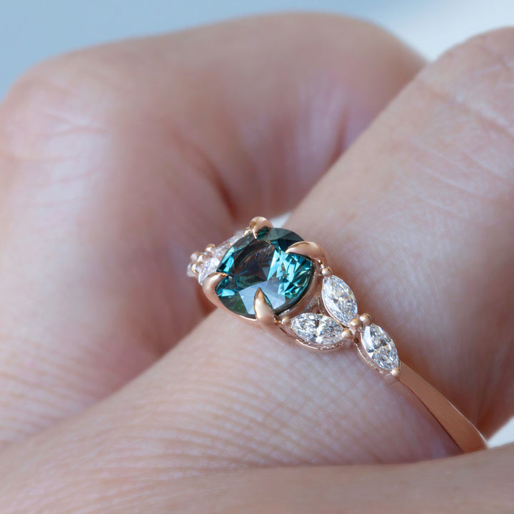 Teal Montana Sapphire Ring with Marquise Diamonds 14K White Gold, Cluster Engagement Ring