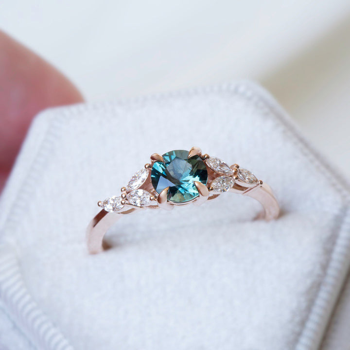Teal Montana Sapphire Ring with Marquise Diamonds 14K White Gold, Cluster Engagement Ring