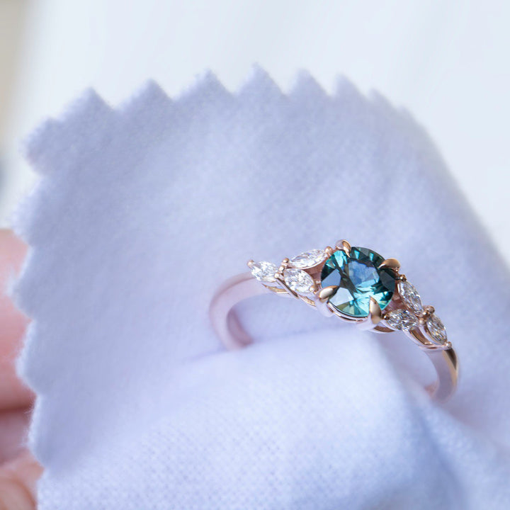 Teal Montana Sapphire Ring with Marquise Diamonds 14K White Gold, Cluster Engagement Ring