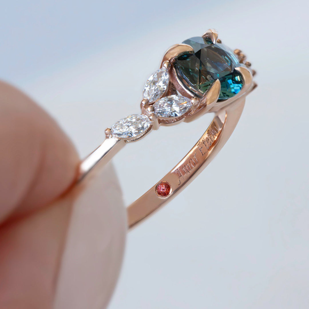 Teal Montana Sapphire Ring with Marquise Diamonds 14K White Gold, Cluster Engagement Ring