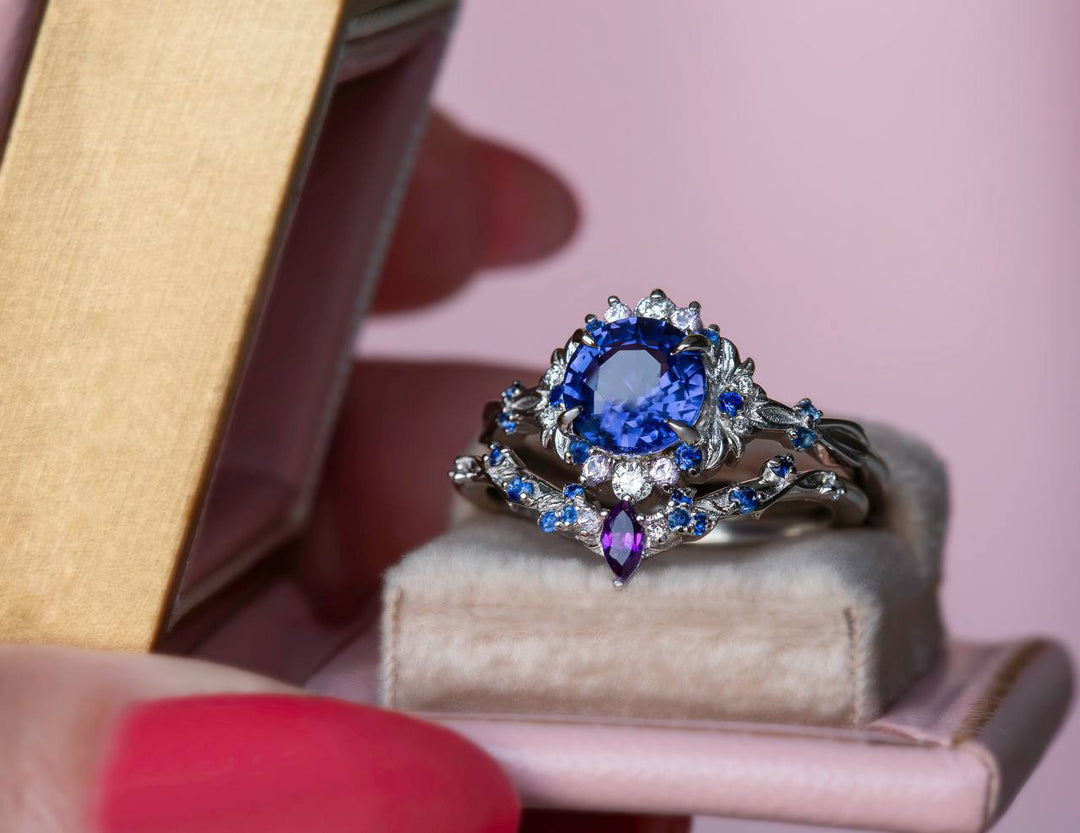 Purple Sapphire Floral Engagement Ring Set Nature Inspired Celestial Design with Amethyst 14K Gold