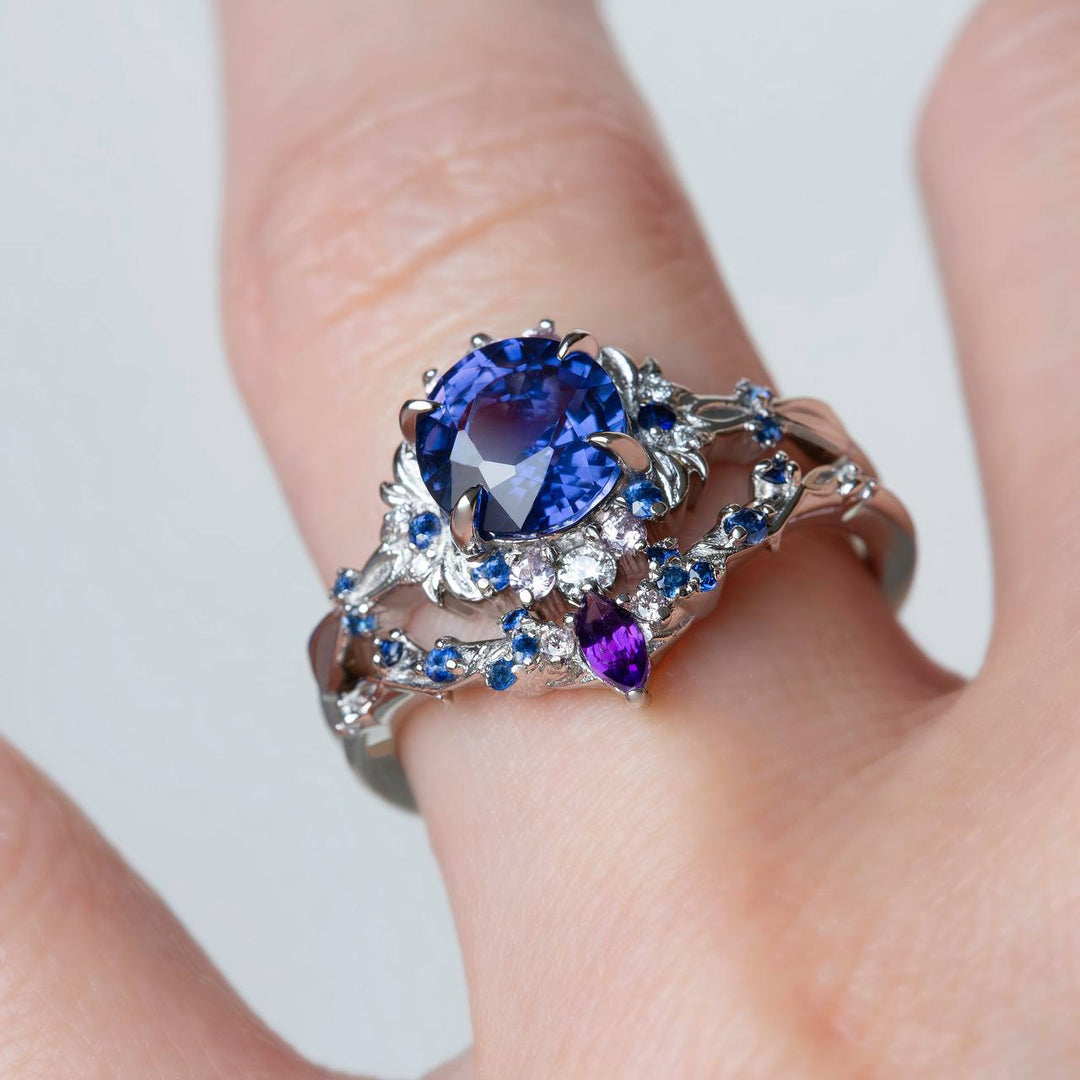 Purple Sapphire Floral Engagement Ring Set Nature Inspired Celestial Design with Amethyst 14K Gold