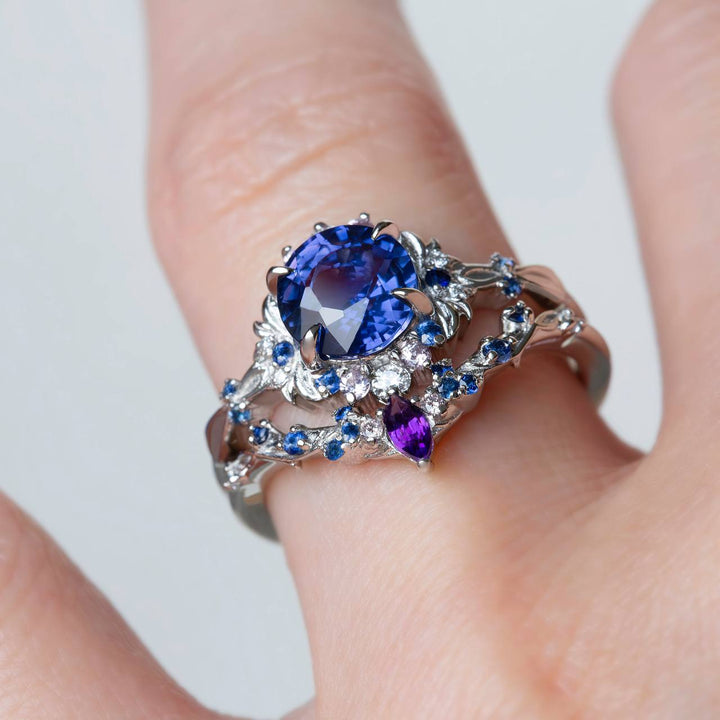 Purple Sapphire Floral Engagement Ring Set Nature Inspired Celestial Design with Amethyst 14K Gold