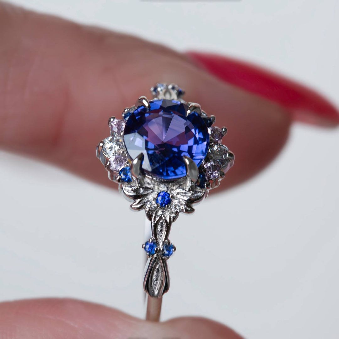 Purple Sapphire Floral Engagement Ring Set Nature Inspired Celestial Design with Amethyst 14K Gold