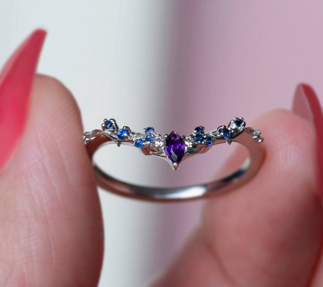 Purple Sapphire Floral Engagement Ring Set Nature Inspired Celestial Design with Amethyst 14K Gold
