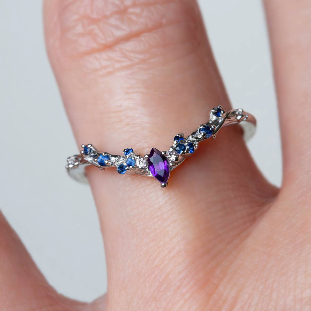 Purple Sapphire Floral Engagement Ring Set Nature Inspired Celestial Design with Amethyst 14K Gold