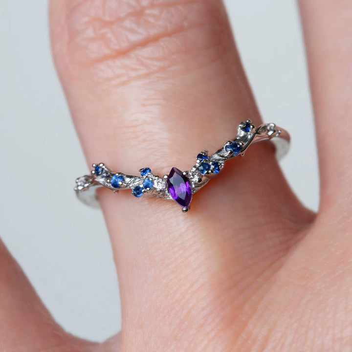 Purple Sapphire Floral Engagement Ring Set Nature Inspired Celestial Design with Amethyst 14K Gold