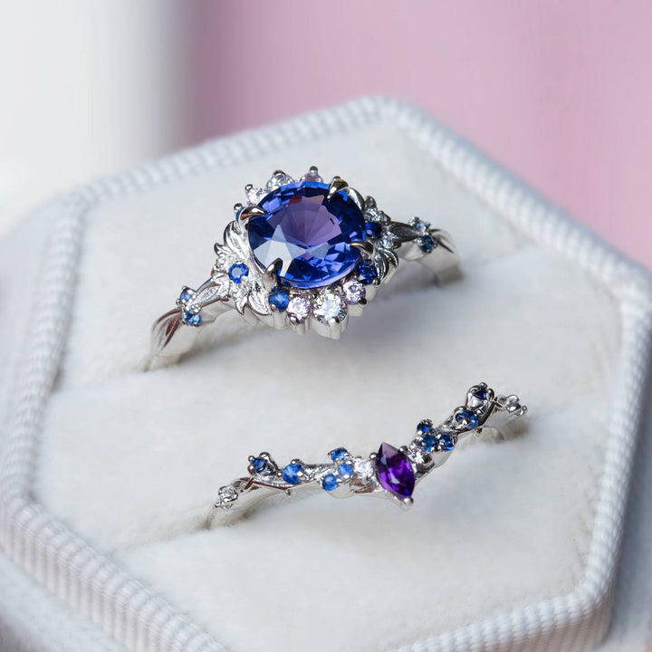 Purple Sapphire Floral Engagement Ring Set Nature Inspired Celestial Design with Amethyst 14K Gold