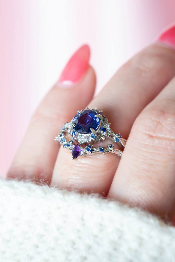 Purple Sapphire Floral Engagement Ring Set Nature Inspired Celestial Design with Amethyst 14K Gold
