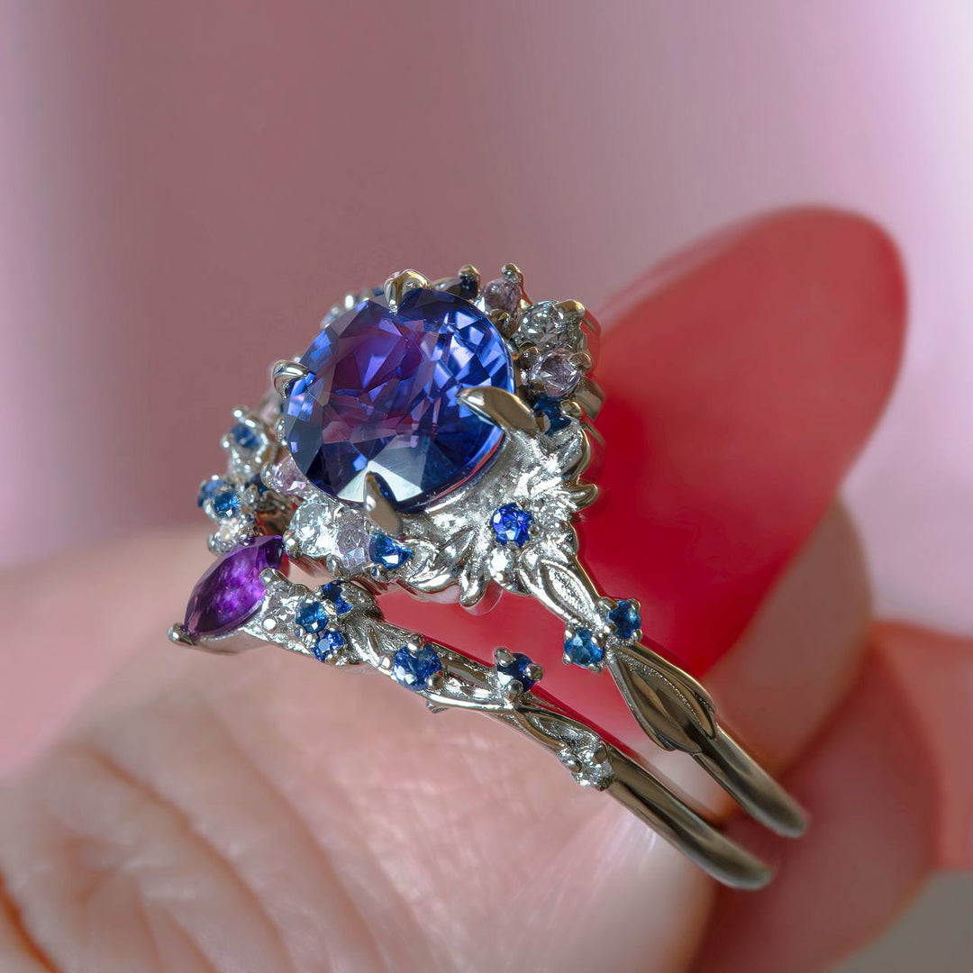 Purple Sapphire Floral Engagement Ring Set Nature Inspired Celestial Design with Amethyst 14K Gold