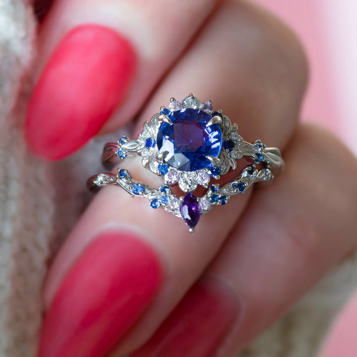 Purple Sapphire Floral Engagement Ring Set Nature Inspired Celestial Design with Amethyst 14K Gold
