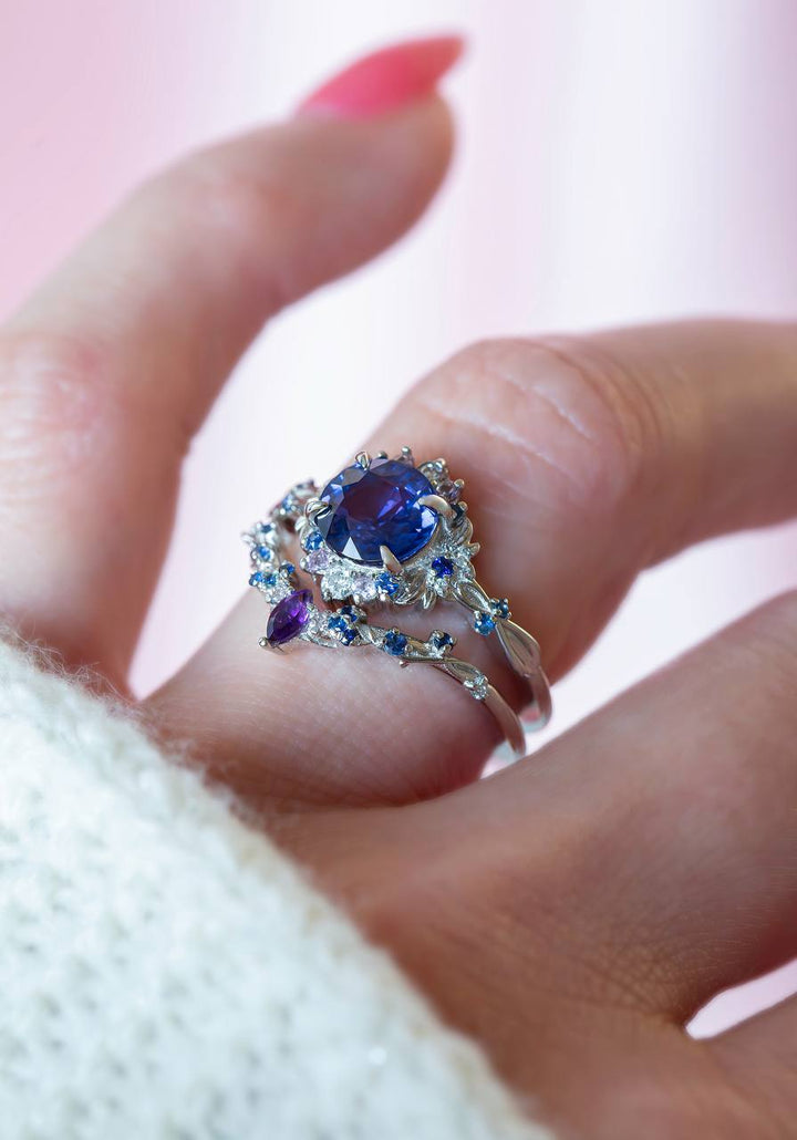 Purple Sapphire Floral Engagement Ring Set Nature Inspired Celestial Design with Amethyst 14K Gold