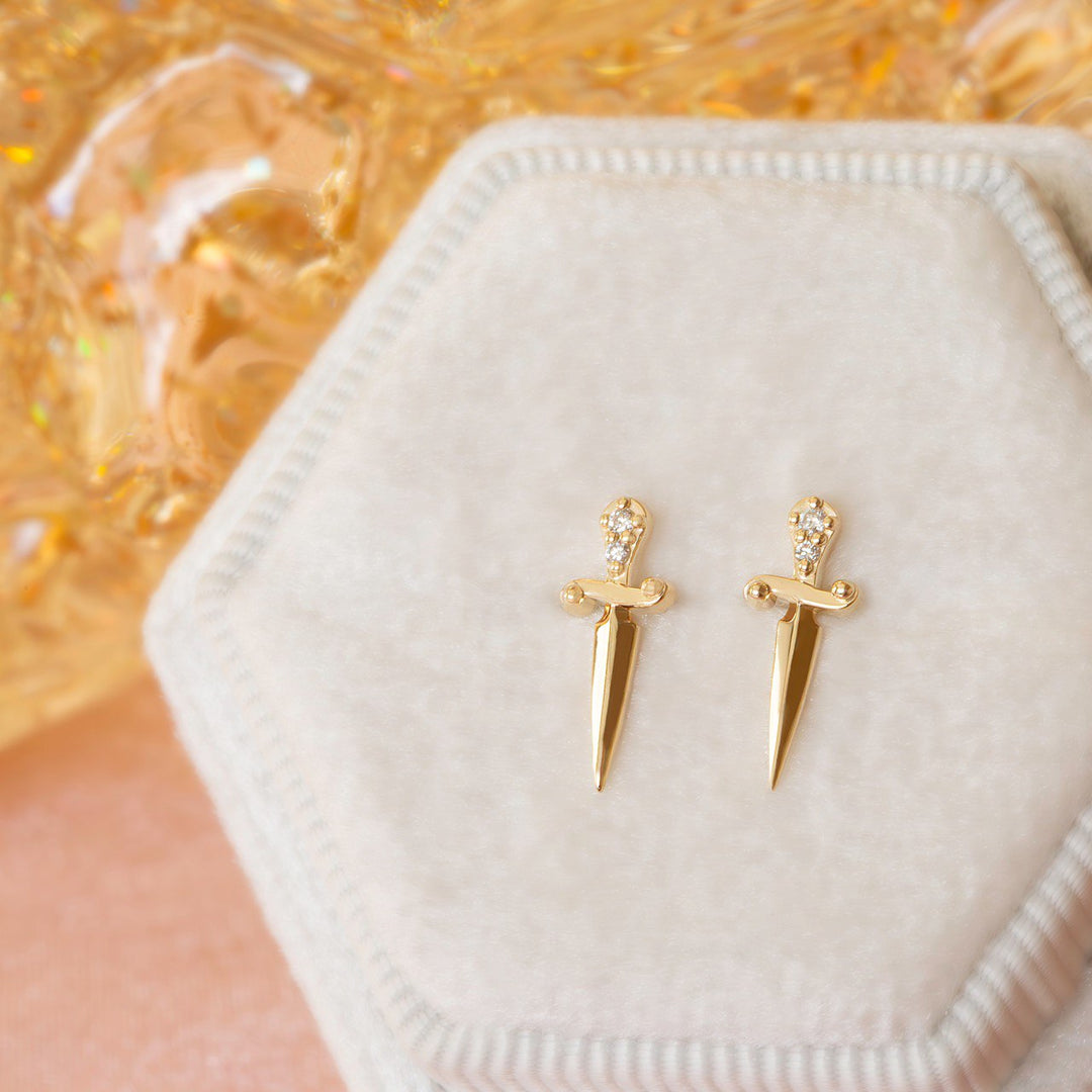 Sword Minimalistic Diamond  Studs Earrings in 14K Gold