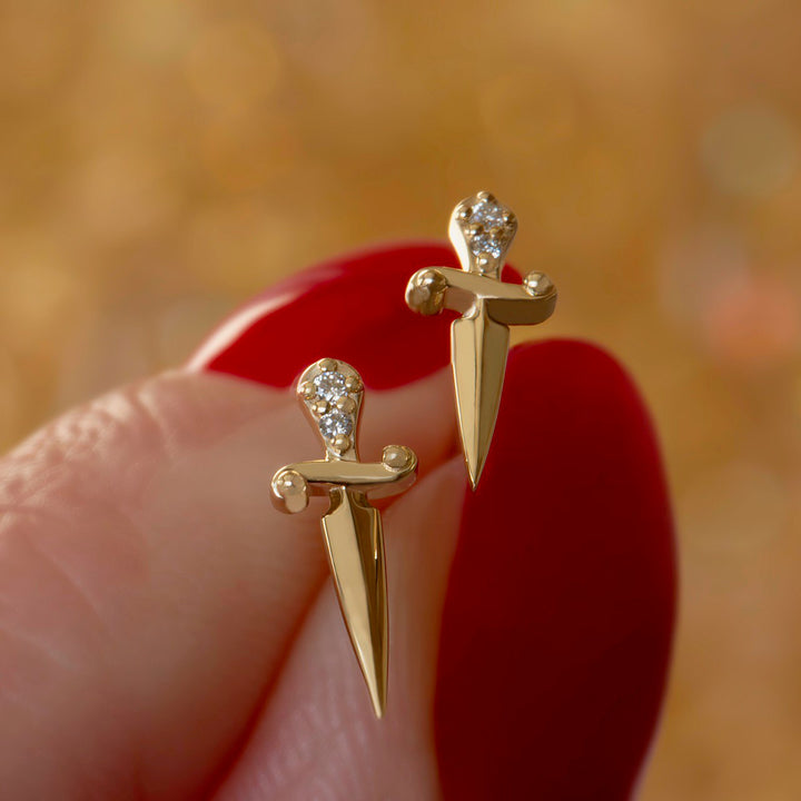 Sword Minimalistic Diamond  Studs Earrings in 14K Gold