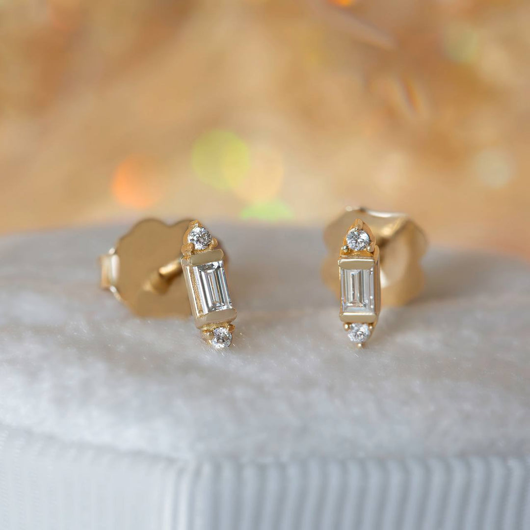 Natural Baguette Diamond Stud Earrings 14K Gold