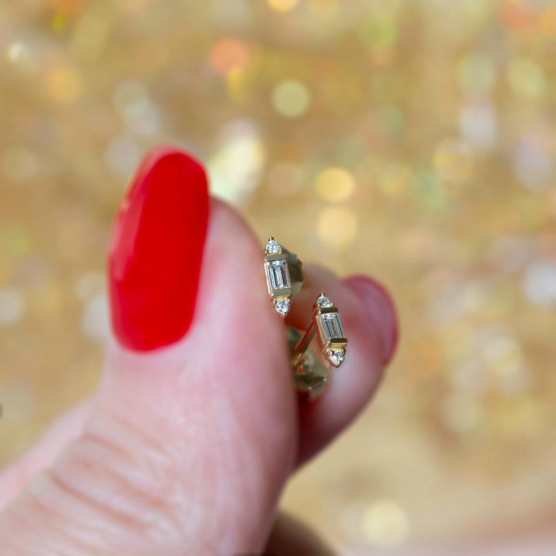Natural Baguette Diamond Stud Earrings 14K Gold