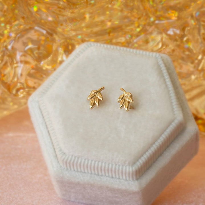 Dainty Minimalistic Leaf Earrings in 14K Gold