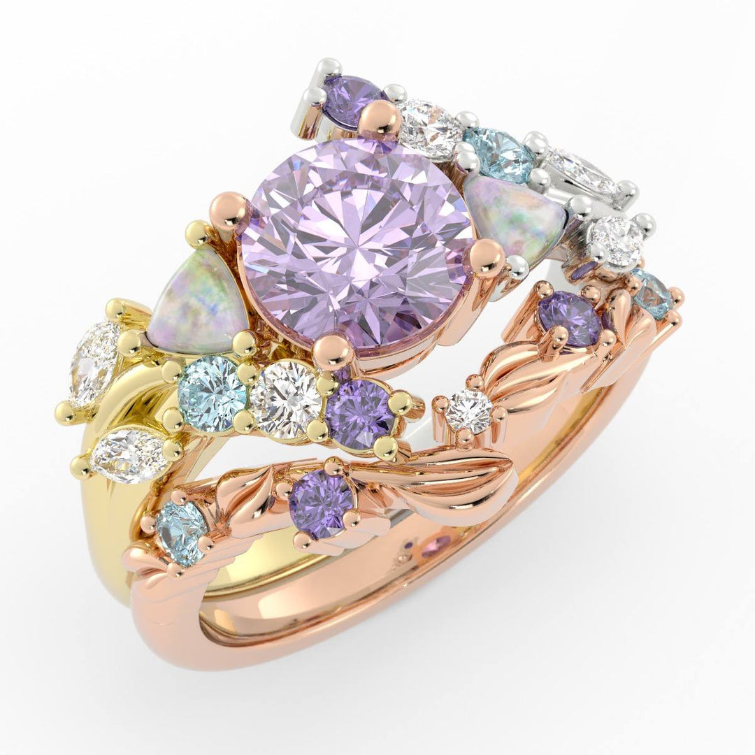 Custom Order Enchanted Garden Ring Set w/ Purple Sapphire 18K Three Tone Gold