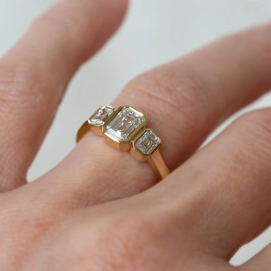 Emerald Cut Three Stone Lab Grown Diamond Ring | Bezel Set Modern Engagement Ring 14K Gold