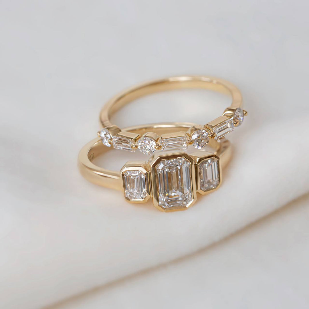 Emerald Cut Three Stone Lab Grown Diamond Ring | Bezel Set Modern Engagement Ring 14K Gold