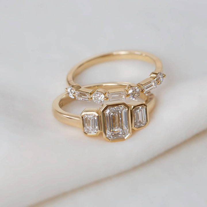 Emerald Cut Three Stone Lab Grown Diamond Ring | Bezel Set Modern Engagement Ring 14K Gold