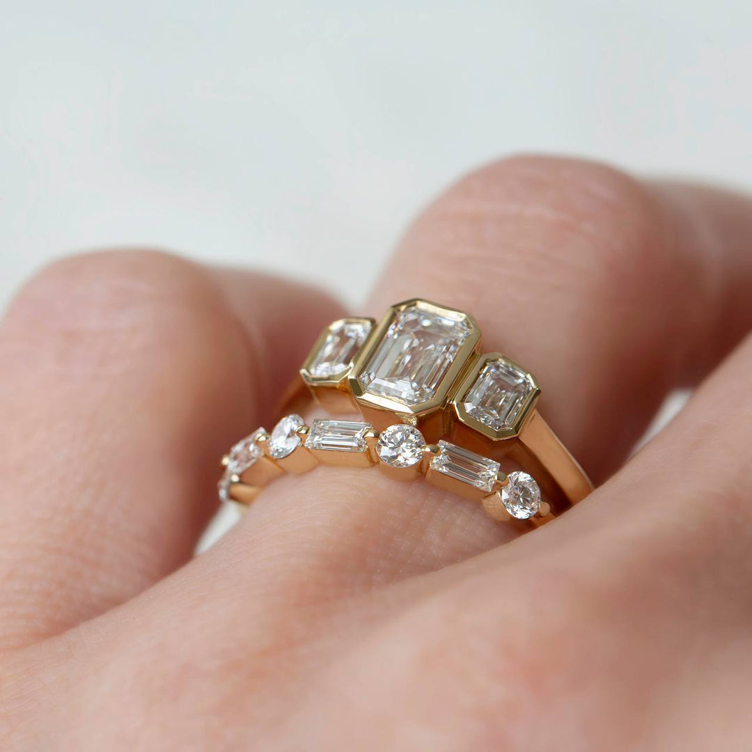 Emerald Cut Three Stone Lab Grown Diamond Ring | Bezel Set Modern Engagement Ring 14K Gold