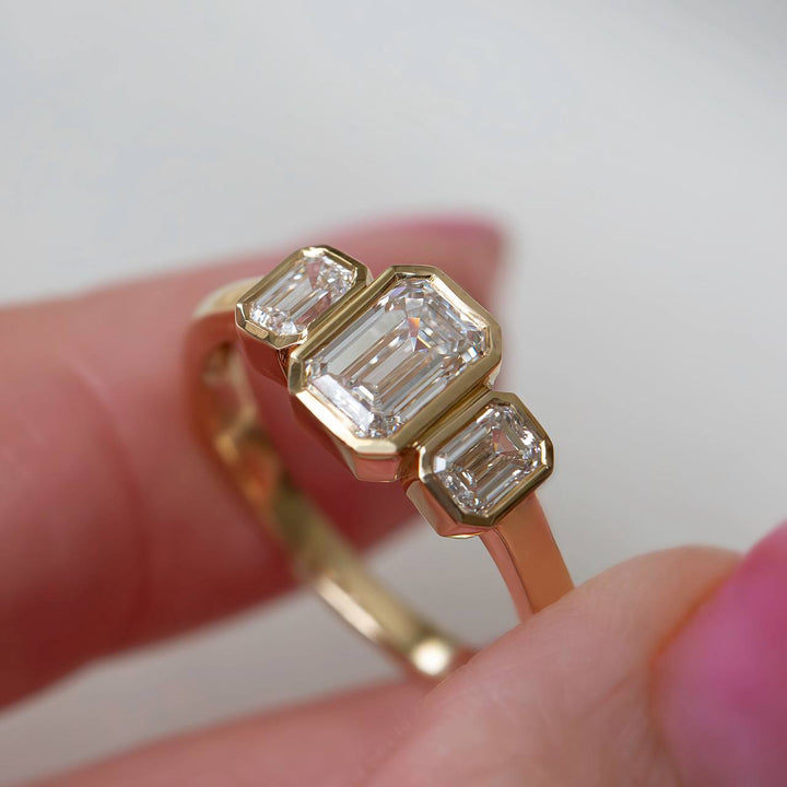 Emerald Cut Three Stone Lab Grown Diamond Ring | Bezel Set Modern Engagement Ring 14K Gold