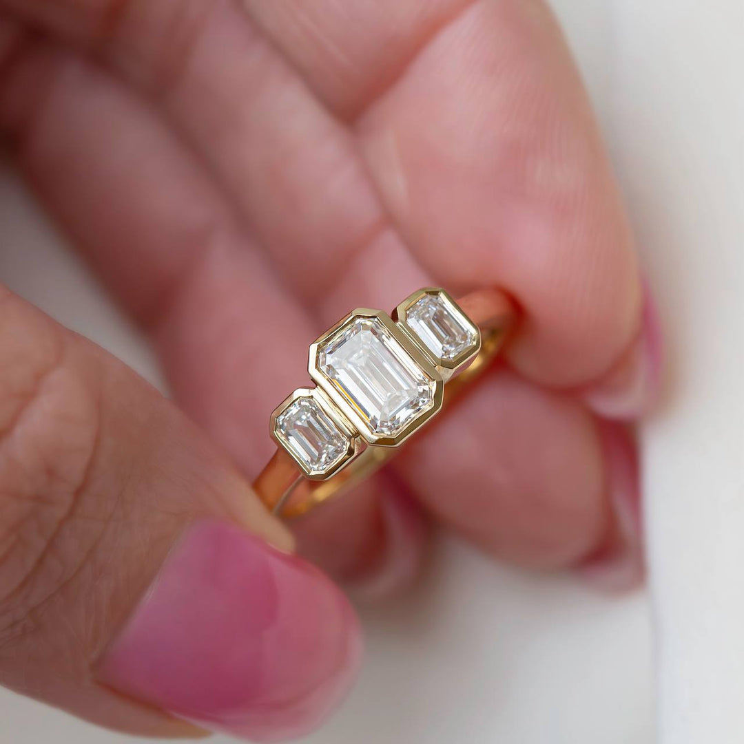Emerald Cut Three Stone Lab Grown Diamond Ring | Bezel Set Modern Engagement Ring 14K Gold