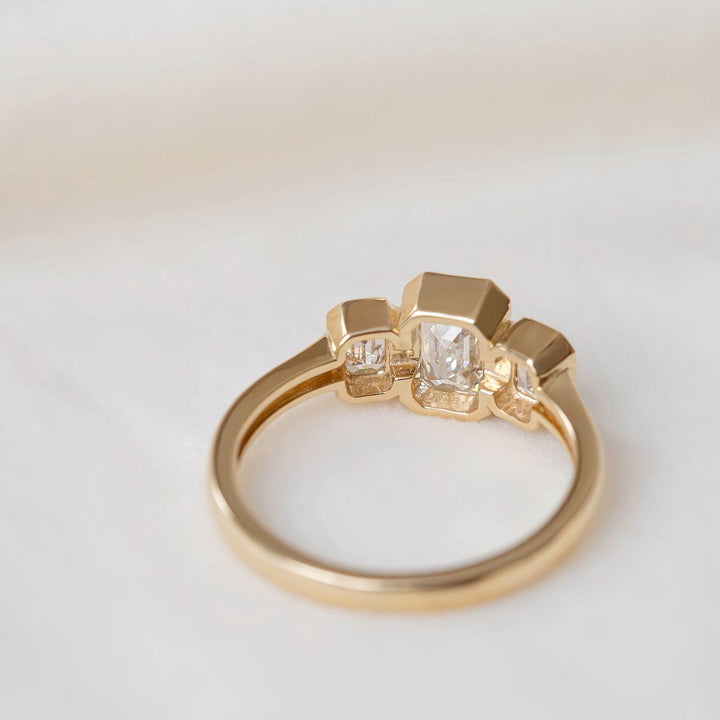Emerald Cut Three Stone Lab Grown Diamond Ring | Bezel Set Modern Engagement Ring 14K Gold